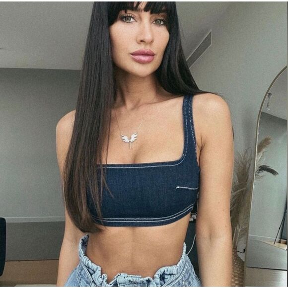 NWT Zara Denim Bralette Large Dark Blue Stretch Bra Crop Tank Top Womens L NEW - Picture 1 of 12